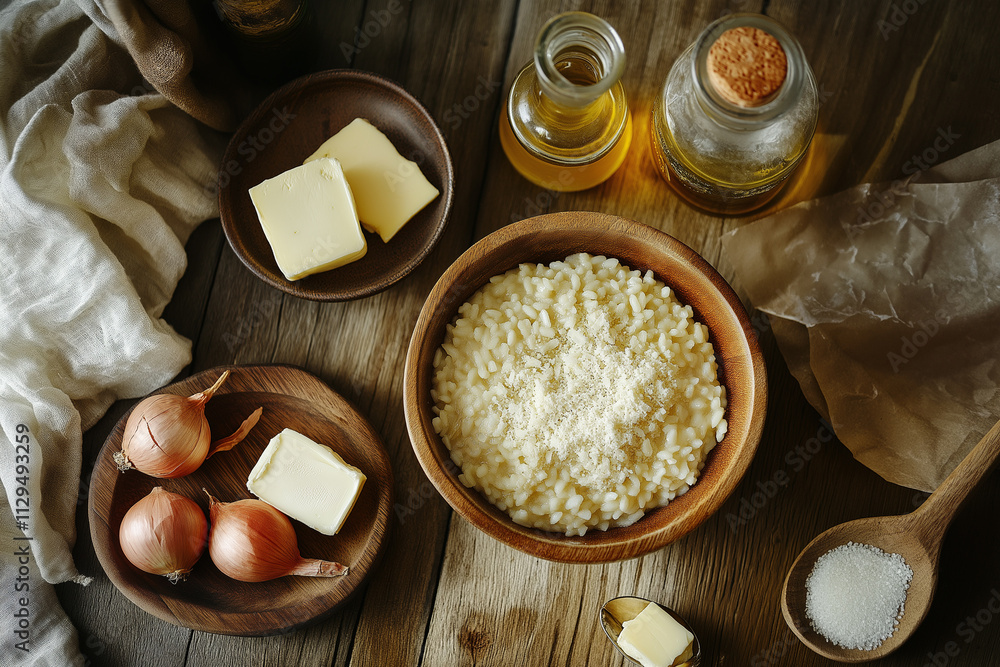 Ingredients arranged for preparing comforting homemade risotto on rustic kitchen counter Ingredients arranged for preparing comforting homemade risotto on rustic kitchen counter
