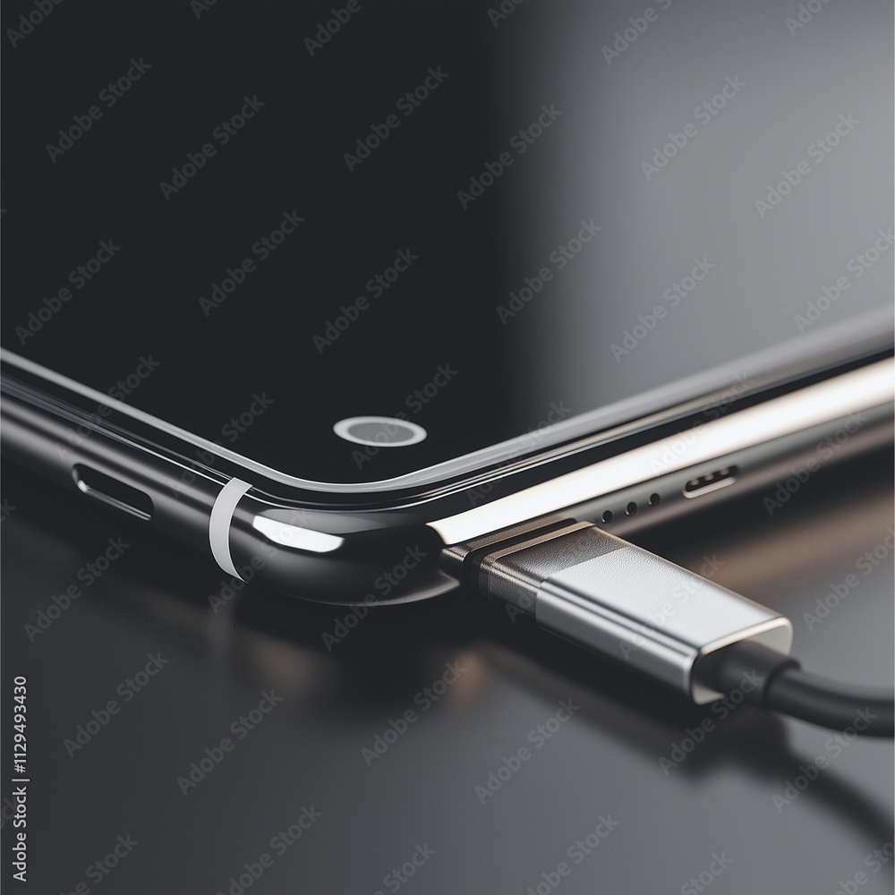 Close-up of USB charger plugged into sleek modern smartphone port Close-up of USB charger plugged into sleek modern smartphone port