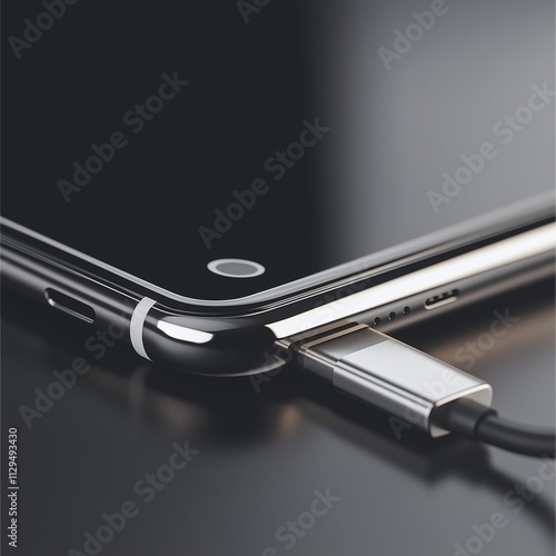 Close-up of USB charger plugged into sleek modern smartphone port photo