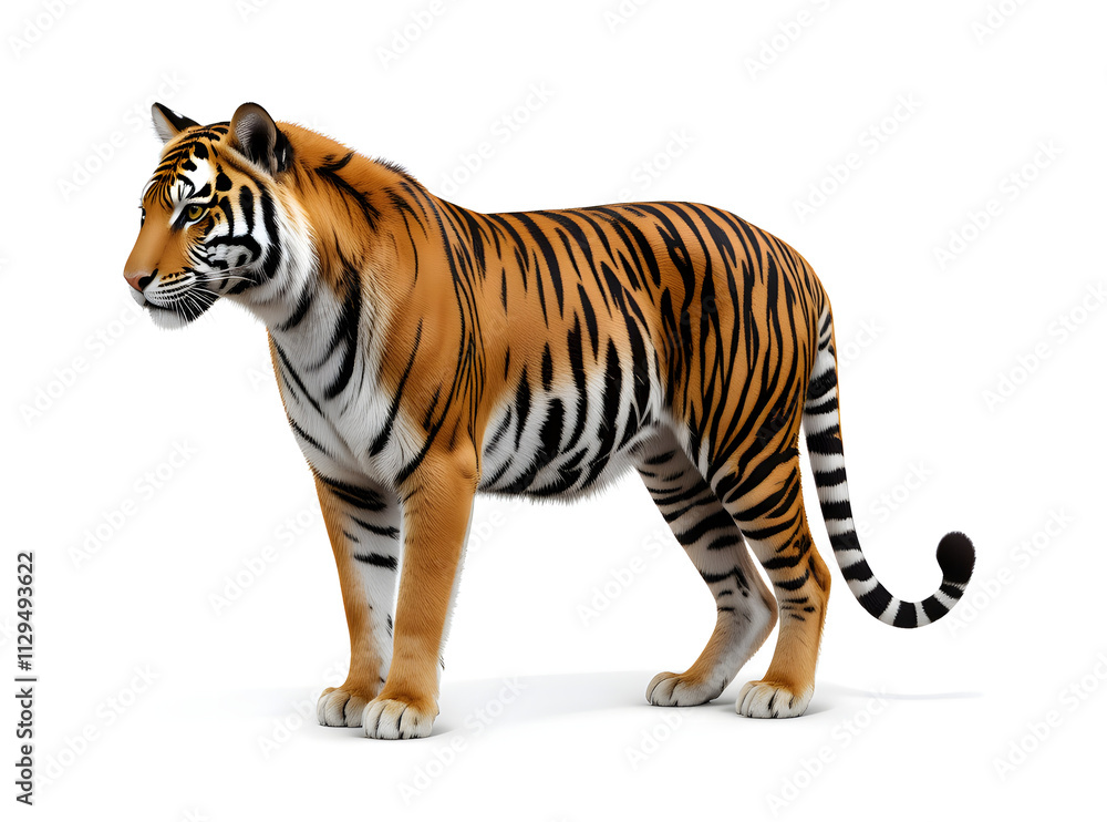 Obraz premium Tiger isolated on a white background, Side view, tiger standing full HD image generated by Ai. full body, realistic, full detail looking at the camera, 