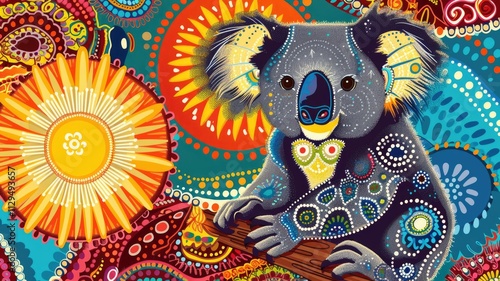 Vibrant indigenous art inspired koala with abstract floral motifs photo