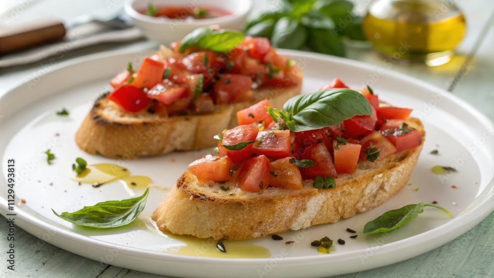 Classic Tomato and Basil Crostini on White Plate with Soft Lighting Classic Tomato and Basil Crostini on White Plate with Soft Lighting