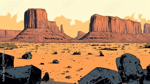 Low Angle Composition Monument Valley Desert Landscape, Orange and Black Palette, Stylized Rock Formations, Western Scenery Monument Valley, Desert Landscape, Western Art