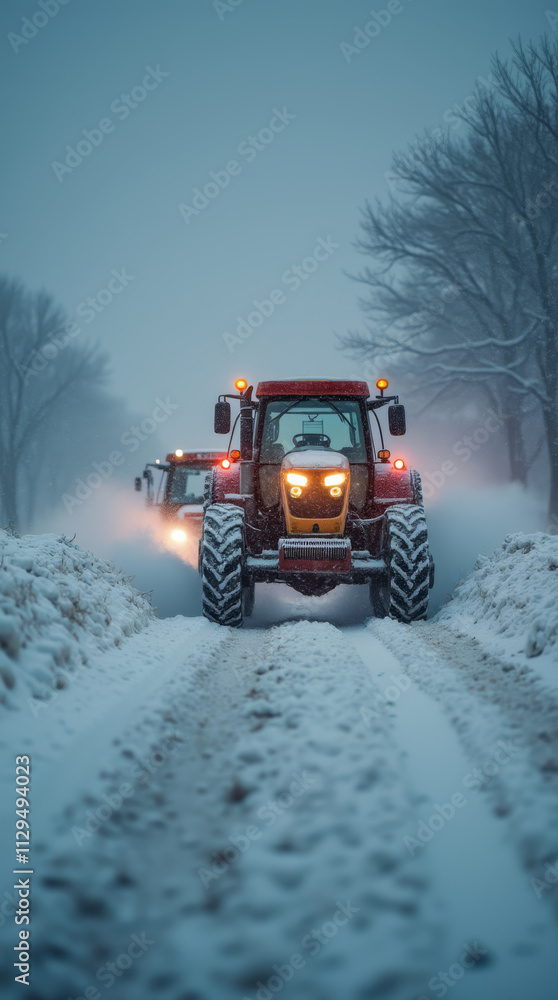 Tractor Clearing Path Through Snowstorm on Farm Tractor Clearing Path Through Snowstorm on Farm