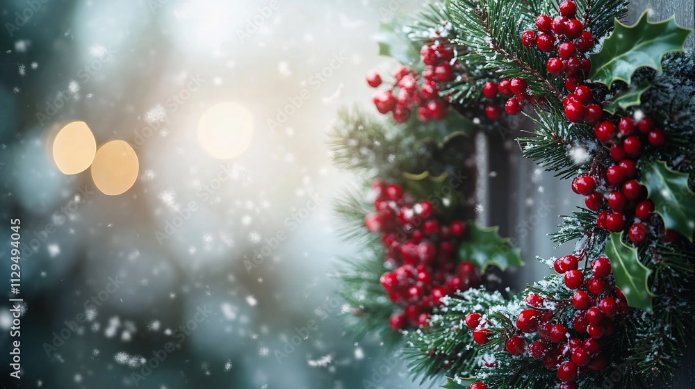 Snowy Christmas wreath with red berries on wooden door. Snowy Christmas wreath with red berries on wooden door.