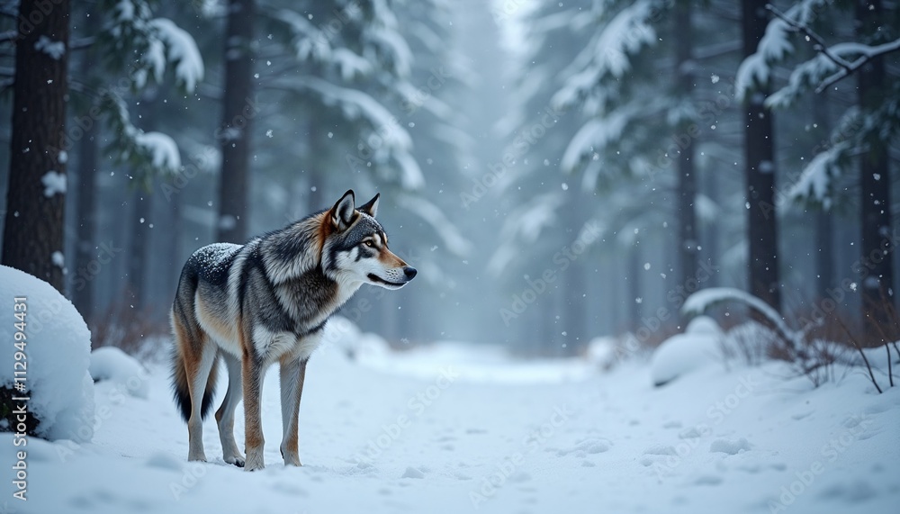 Wolf in a serene mood walking through a snowy forest path with a blurred background Wolf in a serene mood walking through a snowy forest path with a blurred background