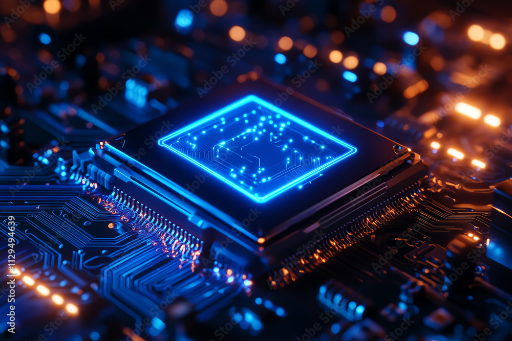 Close-up of a glowing microchip on a motherboard, showcasing advanced technology. Close-up of a glowing microchip on a motherboard, showcasing advanced technology.