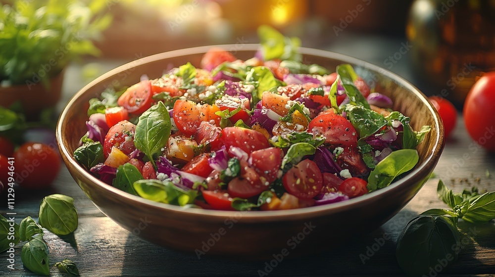 Vibrant Fresh Salad in Wooden Bowl with Seasonal Vegetables and Herbs Captured in Warm Light Setting Vibrant Fresh Salad in Wooden Bowl with Seasonal Vegetables and Herbs Captured in Warm Light Setting