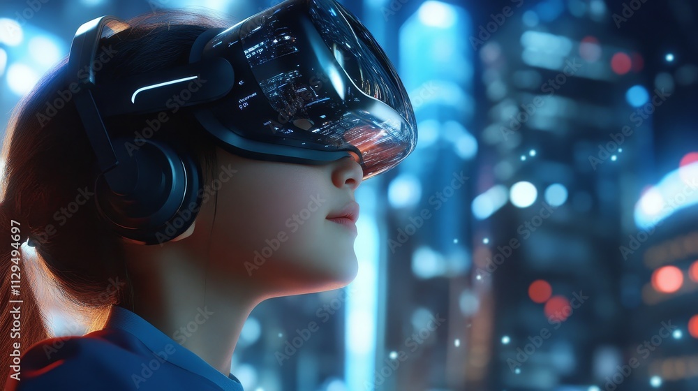 Virtual Reality Cityscape Exploration - Young woman, VR headset, futuristic city, digital exploration, technological advancement. Virtual Reality Cityscape Exploration - Young woman, VR headset, futuristic city, digital exploration, technological advancement.