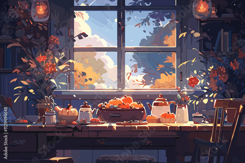 Table with a vase of flowers and a bowl of fruit. A chair is in front of the table flat vector illustration