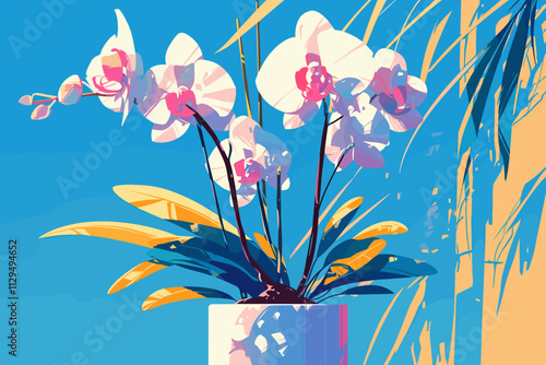 Vase with a bunch of white flowers in it. The flowers are pink and yellow. The vase is white and sits on a table flat vector illustration
