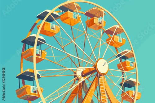 Large orange and yellow merry go round with a clock on the front. flat vector illustration