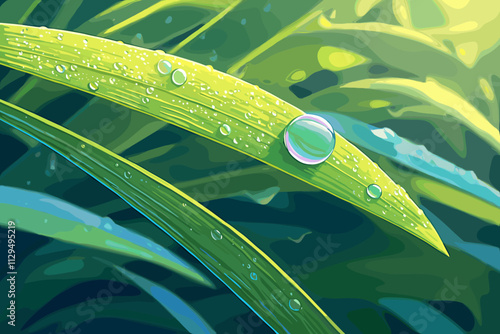 Leaf with a drop of water on it. The leaf is green flat vector illustration