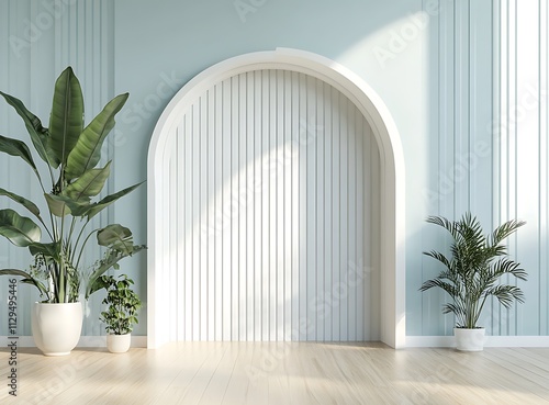 A modern minimalist room with a large light blue wall featuring an arch in the center, wooden flooring, and plants on one side