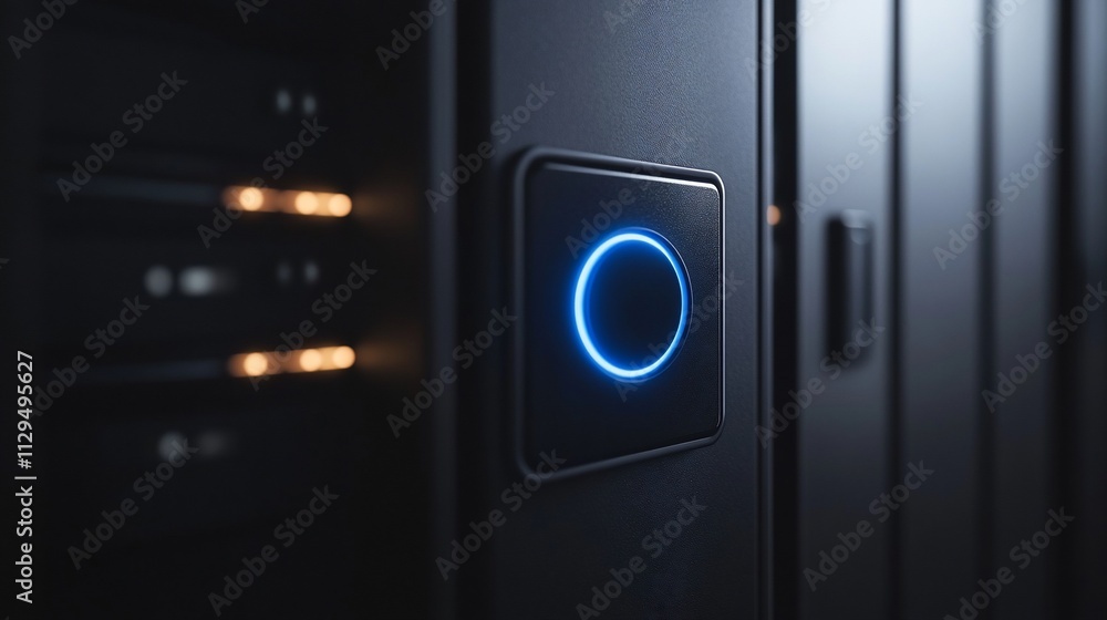 Illuminated power button on dark server rack. Illuminated power button on dark server rack.