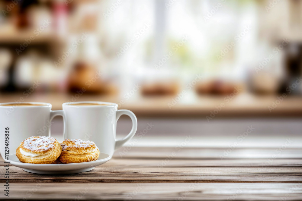 Cozy morning coffee with pastries on wooden table in bright kitchen Cozy morning coffee with pastries on wooden table in bright kitchen