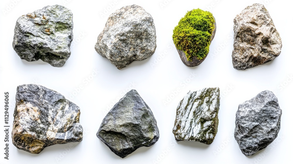 Overhead View Eight Rocks and Moss Composition, Irregular Shapes, White Background, Nature Concept. Rock, Stone, Moss Overhead View Eight Rocks and Moss Composition, Irregular Shapes, White Background, Nature Concept. Rock, Stone, Moss
