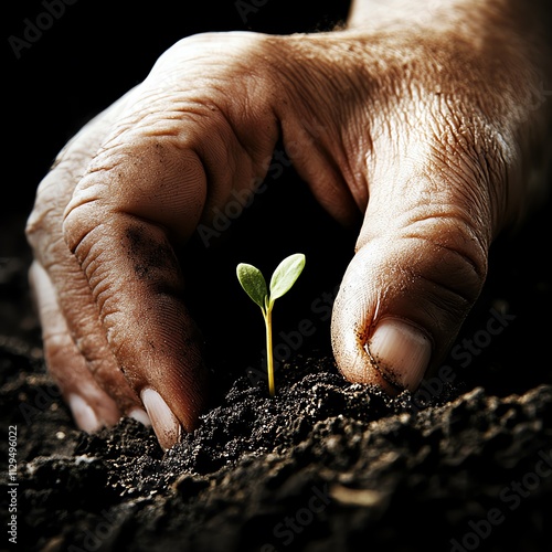 Hand nurturing a seedling growing from soil, symbolizing care and growth. photo