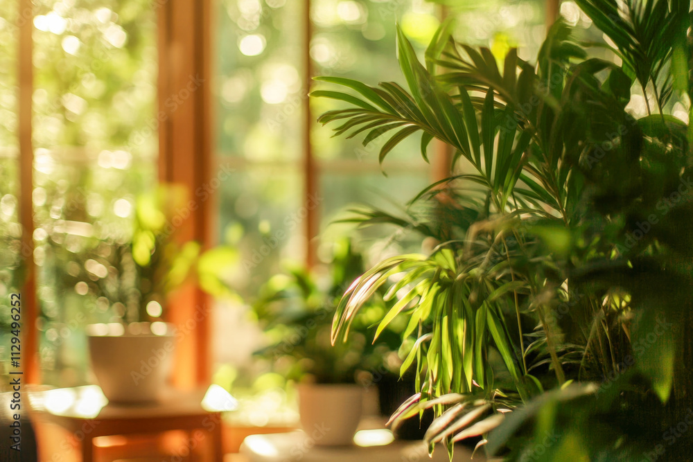 Sunlit indoor garden with lush greenery and serene ambiance Sunlit indoor garden with lush greenery and serene ambiance