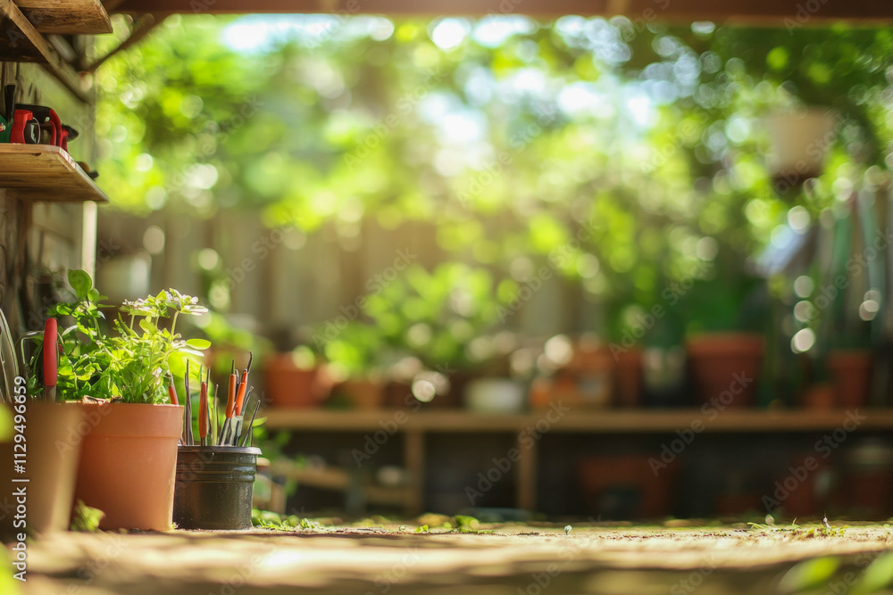 Sunlit garden with potted plants and tools on a shelved deck Sunlit garden with potted plants and tools on a shelved deck