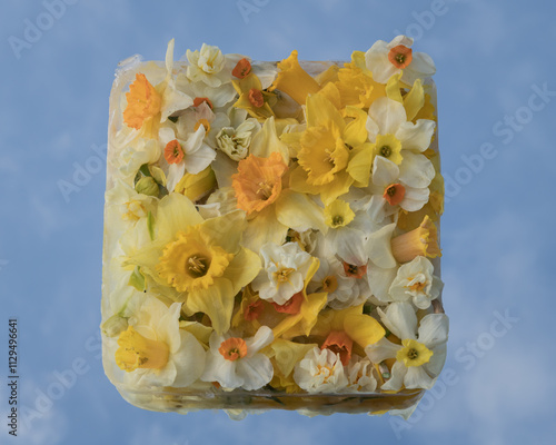 close up of a frozen block of yellow and white spring flowers with daffodil on mirror