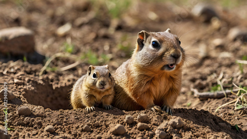 Furry prairie dog mother with baby animals in a ground hole, showcasing a small brown wildlife rodent family outdoors, highlighting the natural behavior of cyanoses squirrels in their habitat. photo