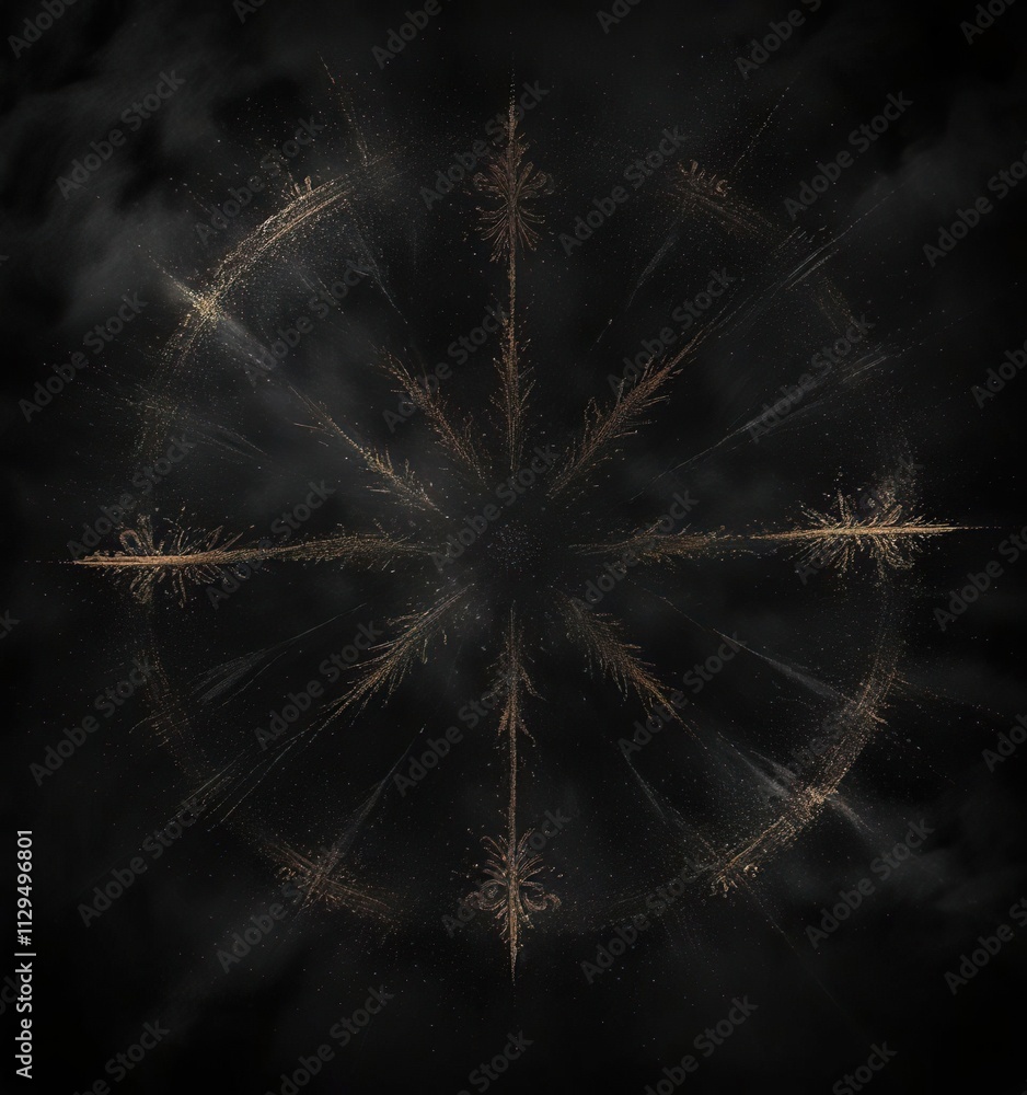 Obraz premium Fine powder is sprinkled onto a dark background in a symmetrical pattern creating a visually appealing effect, creative composition, symmetrical scatter