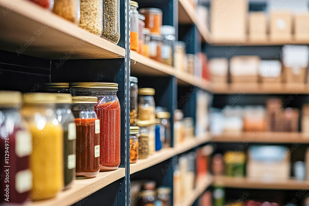 Fototapeta premium Organized pantry shelves with various jars and containers