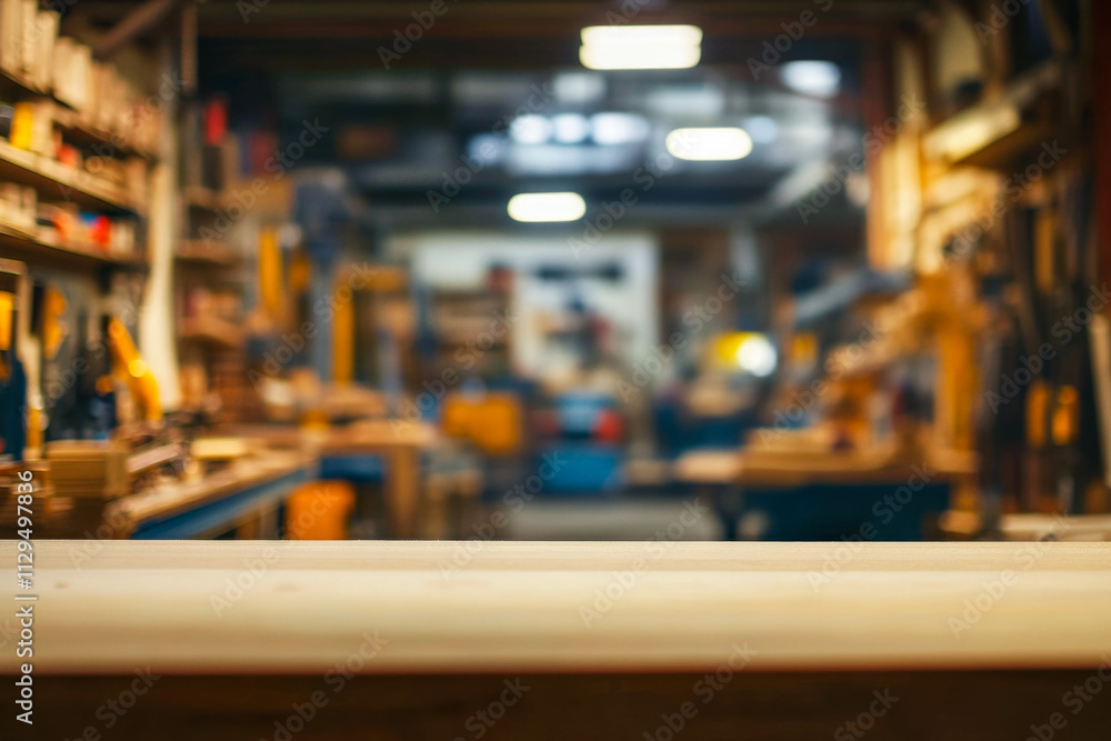 Blurred workshop interior with tools and wooden table in focus Blurred workshop interior with tools and wooden table in focus