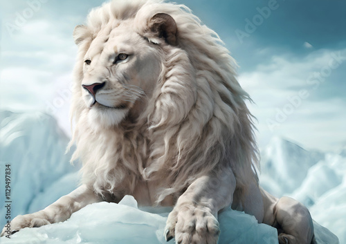 handsome white lion with opulent hair mane laying  on ice in Arctic ocean. close up. Digital conceptual  artwork, natural style. Ai generated