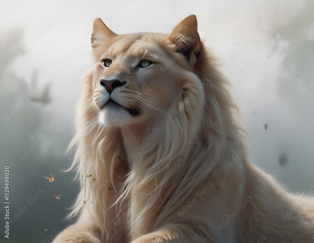 portrait of handsome young white lion with hair mane. close up. Digital conceptual artwork, natural style. Ai generated