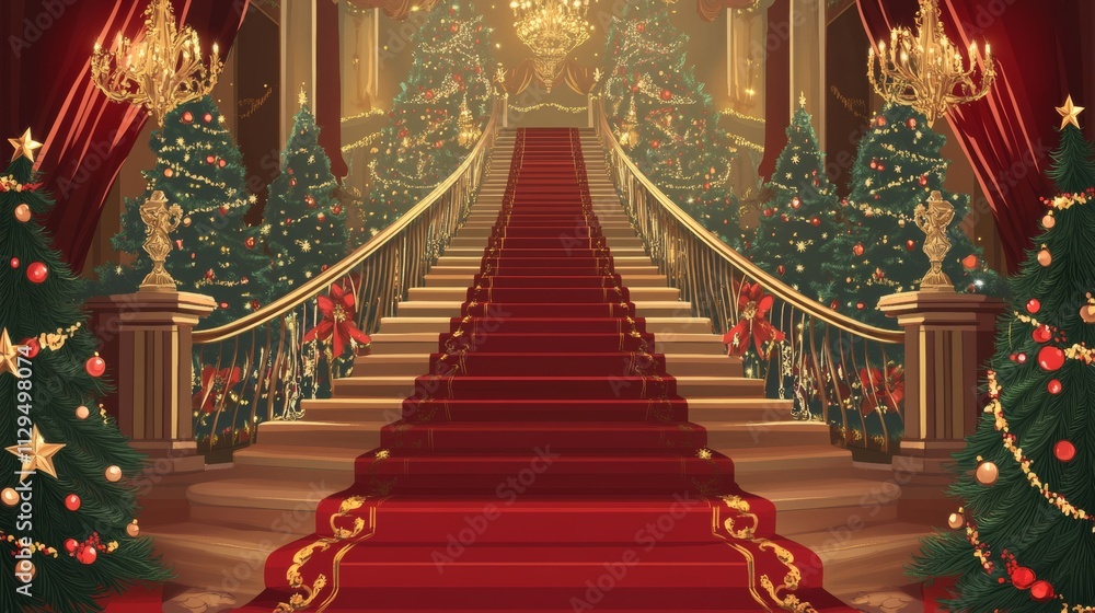 Fototapeta premium Elegant Palace Staircase with Christmas Trees and Crystal Chandeliers