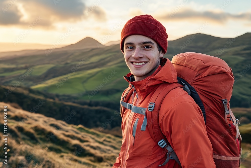 portrait photo of cheerful young man with backpack on mountain trail golden hour lighting highlights vibrant scenery portrait photo of cheerful young man with backpack on mountain trail golden hour lighting highlights vibrant scenery