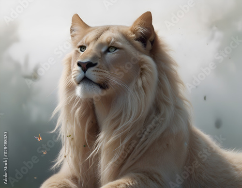 Obraz na płótnie portrait of handsome young white lion with hair mane. close up. Digital conceptual artwork, natural style. Ai generated w salonie