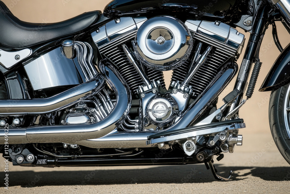 Chrome v-twin motorcycle engine close-up with exhaust pipes Chrome v-twin motorcycle engine close-up with exhaust pipes