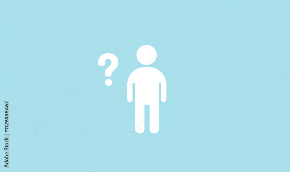 Obraz premium Individual standing with a question mark in a light blue background illustrating uncertainty or curiosity