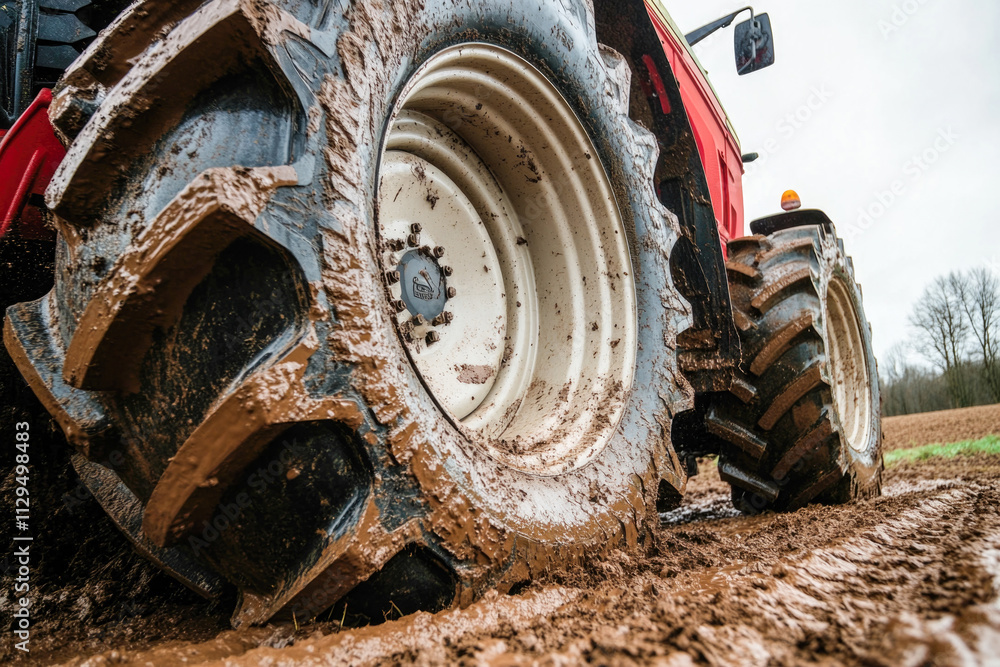 Close-up of mud-covered tractor tires on a rural dirt path Close-up of mud-covered tractor tires on a rural dirt path