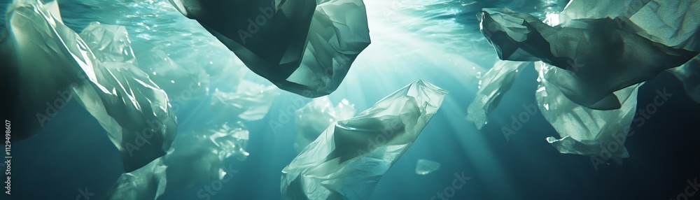 Obraz premium Submerged Silhouettes Underwater Plastic Composition, Teal Light, Environmental Crisis, Plastic Pollution, Ocean Debris, Marine Waste