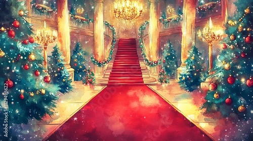 Festive Red Carpet Palace Decor with Chandeliers and Christmas Trees