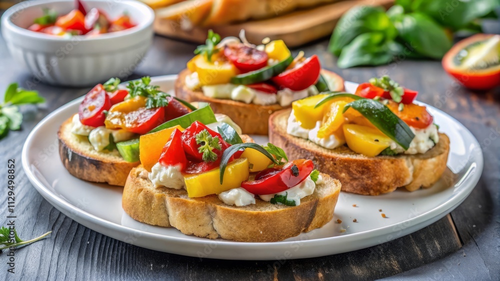 Roasted Vegetable and Feta Crostini on White Plate Roasted Vegetable and Feta Crostini on White Plate