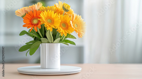 Wallpaper Mural A white ceramic vase with yellow gerberas stands on a wooden table on a light background with copy space, symbolizing love and simplicity. The concept of congratulating on a holiday or celebration. Torontodigital.ca