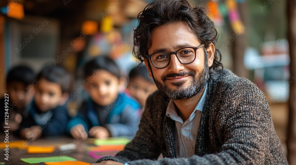 An Indian teacher facilitating an inclusive classroom, where students of various abilities learn together. An Indian teacher facilitating an inclusive classroom, where students of various abilities learn together.