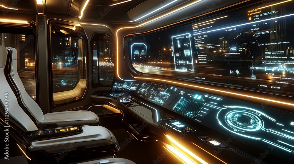 Futuristic vehicle interior with advanced digital displays and comfortable seating. Futuristic vehicle interior with advanced digital displays and comfortable seating.