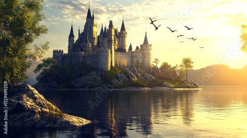 Wallpaper Mural Sunset Castle Island Lakeside Perspective, Digital Painting, Stone Fortress, Fantasy Scenery Keywords fantasy, castle, landscape Torontodigital.ca