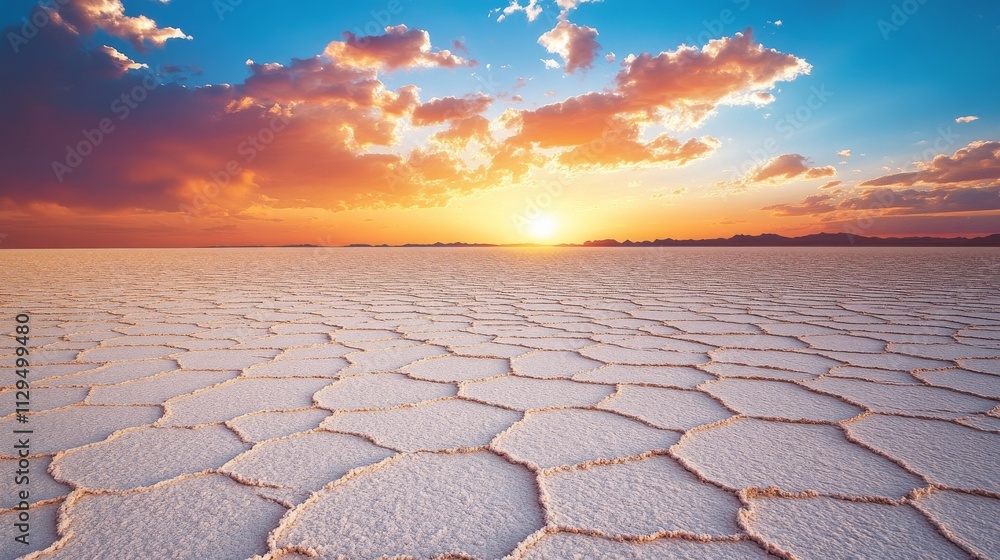 Sunset over Salt Flat Ground-Level View, Hexagonal Salt Patterns, Dramatic Sky, Desert Landscape, Salt Lake, Sunset, Nature Sunset over Salt Flat Ground-Level View, Hexagonal Salt Patterns, Dramatic Sky, Desert Landscape, Salt Lake, Sunset, Nature