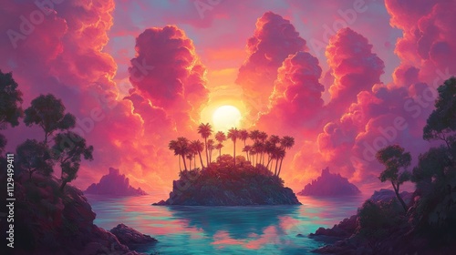 Sunset Island Impasto Painting, Palm Trees, Vibrant Sky, Tropical Paradise, digital art, landscape, sunset