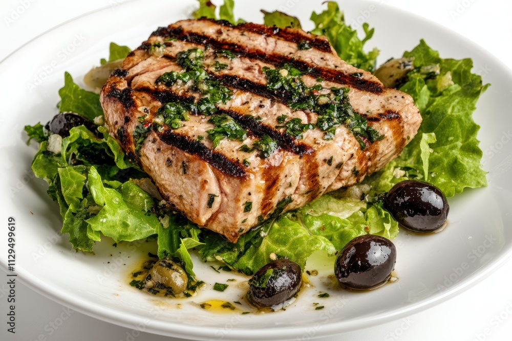 サラダの上にグリルされたサーモンとオリーブがのった料理