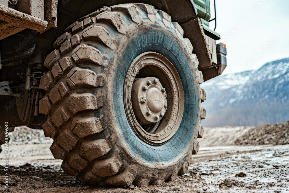 Close-up of muddy heavy-duty tire on construction vehicle in mountainous terrain Close-up of muddy heavy-duty tire on construction vehicle in mountainous terrain