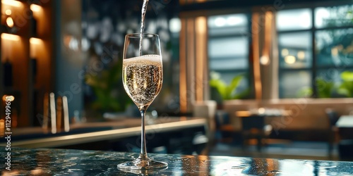 Glass of champagne is poured into a glass photo