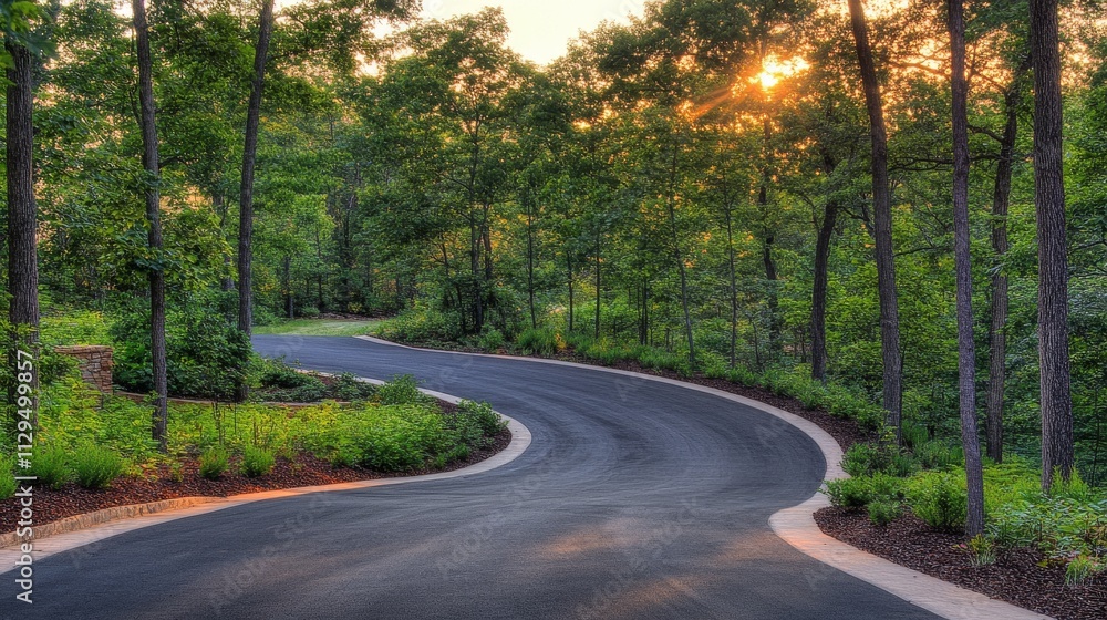 Obraz premium Sunset Winding Driveway High-Resolution Landscape Photography, Asphalt Composition, Lush Greenery, Serene Nature, Asphalt Driveway, Landscape Design, Nature Photography Sunset